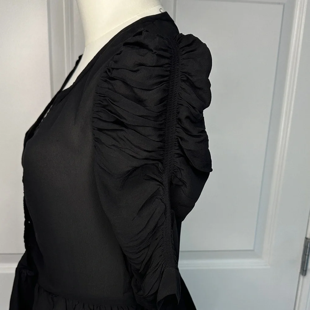 & Other Stories Black Silk Viscose Peplum Ruffled String Sleeve Blouse Size 4 - Picture 5 of 12